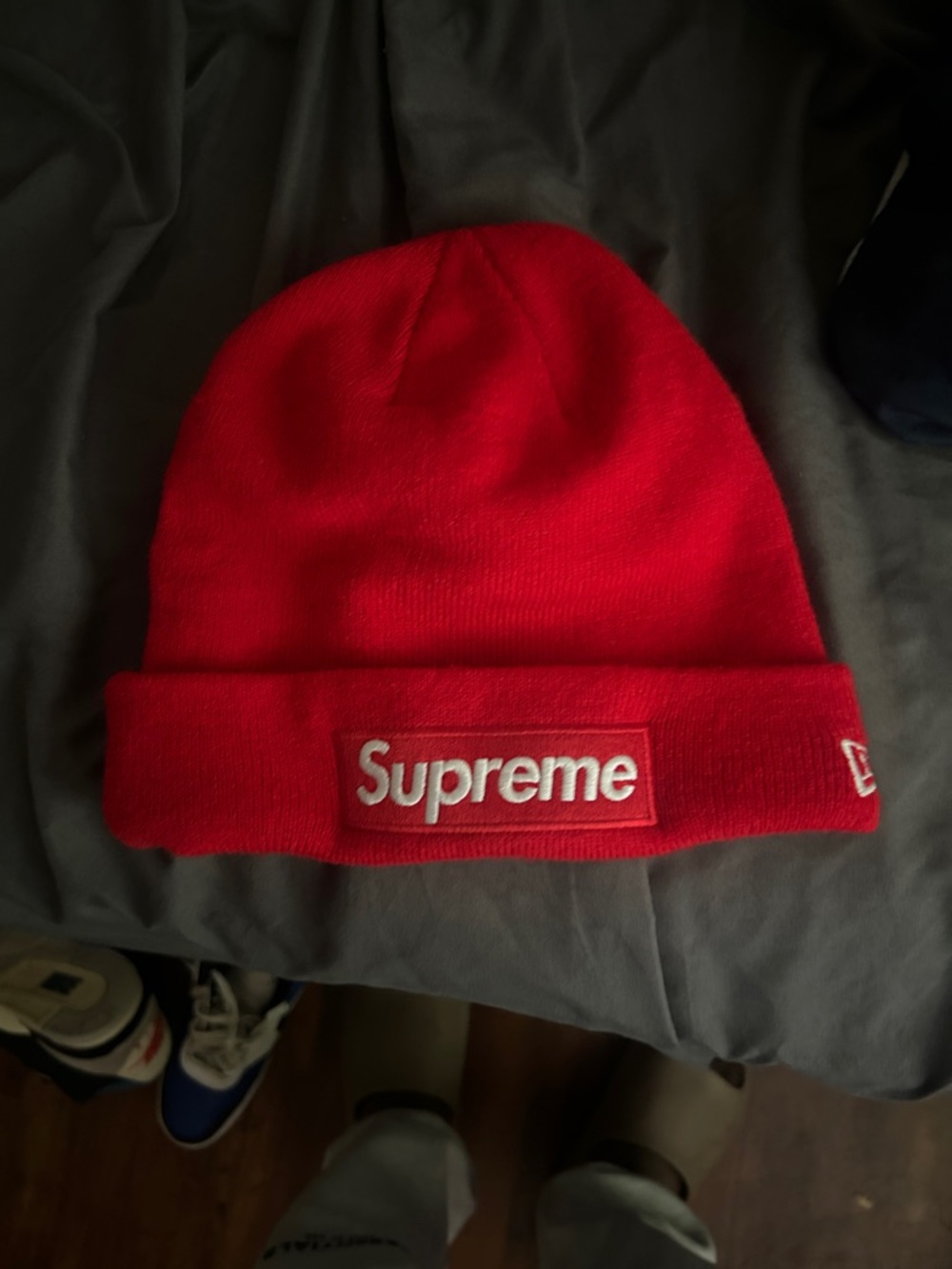 Supreme Red Knit Cuffed Beanie with White Logo Patch